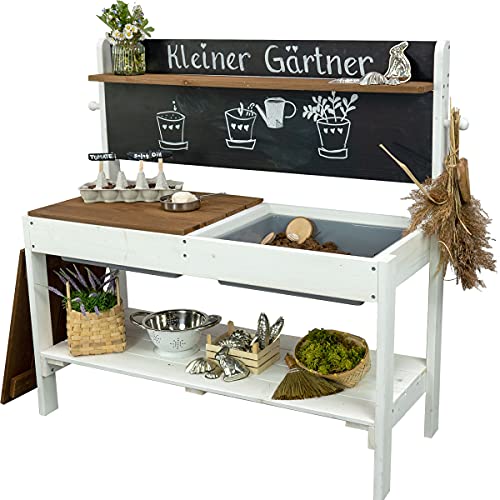 Meppi Matschküche Kleiner Gärtner, weiss - braun - Outdoorküche aus Holz/Pflanztisch für Kinder/Basteltisch für draußen
