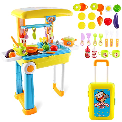 deAO Kitchen Little Chef Spielzeug-Küchen-Set in wandelbarem Koffer, tragbares Rollenspiel-Spielset, Tragetasche mit Sound-Lichtern und Zubehör enthalten, für Mädchen und Jungen im Alter von 3 4 5 6 7*